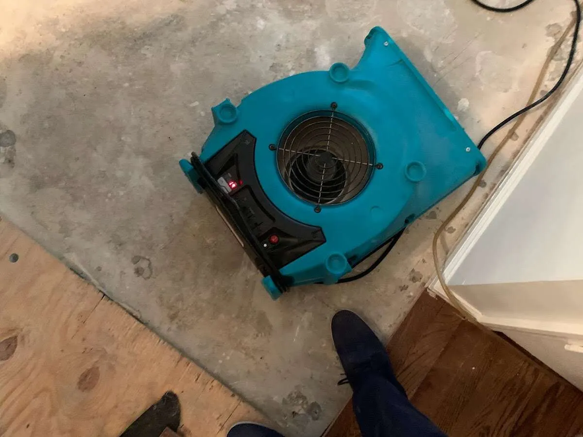 Air mover drying subfloor during Commercial Water Damage Restoration in Stratham